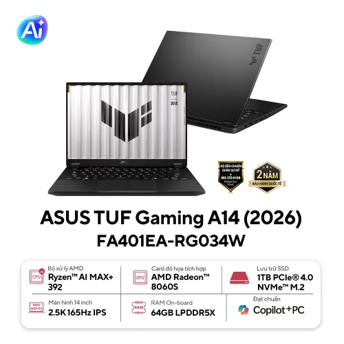 ASUS TUF Gaming A14 (FA401EA-RG034W) Ryzen™ AI MAX+ 392 | RAM 64GB | SSD 1TB | AMD Radeon 8060S | 14-inch WQXGA 165Hz | Win 11 | 2Y - New 100%